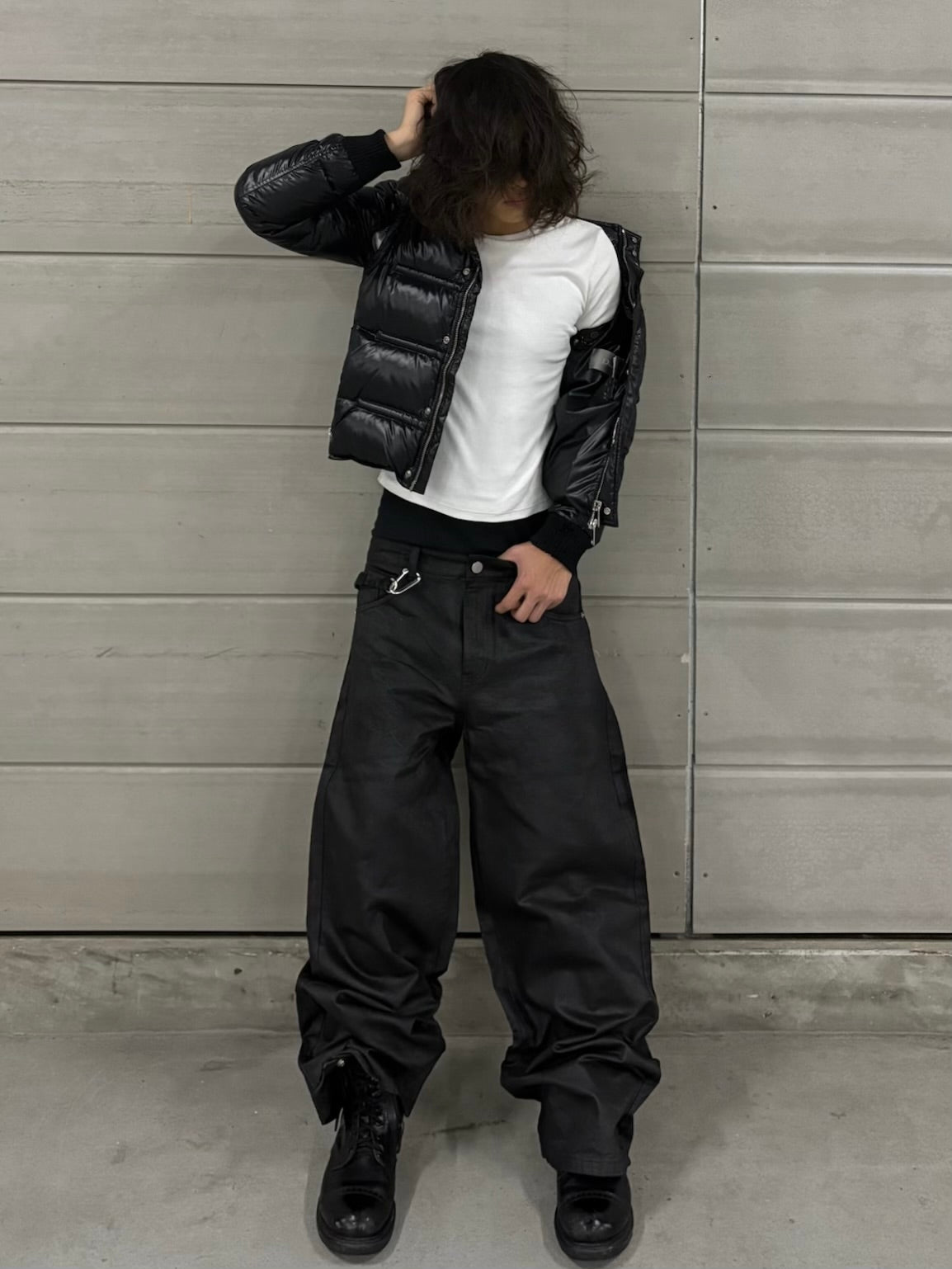 strapped baggy oil pants